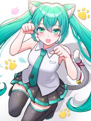 Rule 34 | 1girl, :o, animal ears, aqua eyes, aqua hair, aqua necktie, armpits, bare arms, bare shoulders, bell, black skirt, blush, boots, breasts, cat day, cat ears, cat girl, cat tail, collared shirt, commentary, from above, hair between eyes, hatsune miku, highres, jingle bell, kemonomimi mode, long hair, looking at viewer, miniskirt, necktie, open mouth, paw pose, paw print, pleated skirt, shirt, shoulder tattoo, sidelocks, skirt, sleeveless, sleeveless shirt, solo, tail, tattoo, thigh boots, thighhighs, tie clip, twintails, uzuki sena, vocaloid, white background, white shirt, zettai ryouiki