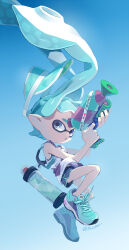 Rule 34 | 1girl, :o, aqua footwear, aqua hair, aqua hat, aqua tongue, black shorts, bottle, colored tongue, commentary request, dolphin shorts, floating hair, full body, grey shirt, gun, hands up, hat, highres, holding, holding gun, holding weapon, inkling, inkling girl, inkling player character, long hair, looking at viewer, multicolored clothes, nintendo, open mouth, parted lips, pointy ears, purple shirt, shiohi, shirt, shoelaces, shoes, short shorts, shorts, sidelocks, sleeveless, sleeveless shirt, sneakers, solo, splatoon (series), splatoon 2, splattershot (splatoon), tentacle hair, unworn headwear, very long hair, visor cap, water bottle, weapon, white shirt