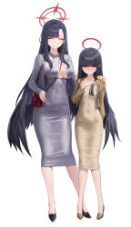 Rule 34 | 2girls, absurdres, alternate costume, black footwear, black hair, blue archive, blush, breasts, brown dress, brown footwear, brown jacket, closed eyes, closed mouth, cryturtle, dongtan dress, dress, full body, grey dress, grey jacket, hair ornament, hair over eyes, hairclip, halo, high heels, highres, ichika (blue archive), jacket, justice task force member (blue archive), large breasts, long hair, long sleeves, meme attire, multiple girls, open clothes, open jacket, red eyes, red halo, simple background, small breasts, smile, standing, white background