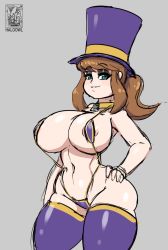 Rule 34 | 1girl, a hat in time, absurdres, ass, breasts, brown hair, choker, cleavage, haloowl, hat, hat adult, hat kid, highres, huge breasts, mature female, aged up, ponytail, swimsuit, thick thighs, thighhighs, thighs