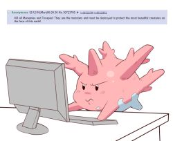Rule 34 | 4chan, :s, closed mouth, commentary, corsola, creatures (company), english commentary, english text, frown, game freak, gen 2 pokemon, jalm, keyboard (computer), meme, monitor, nintendo, pokemon, pokemon (creature), simple background, white background