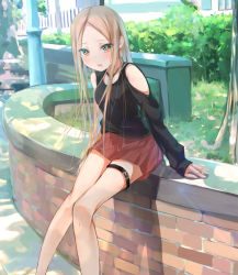 Rule 34 | 1girl, abigail williams (fate), alternate costume, arm cutout, bare shoulders, black shirt, blonde hair, blush, casual, clothing cutout, commentary request, contemporary, fate/grand order, fate (series), feet out of frame, light rays, long hair, long sleeves, looking at viewer, miniskirt, open mouth, outdoors, parted bangs, pleated skirt, red skirt, sakazakinchan, shirt, shoulder cutout, sitting, skirt, solo, sunbeam, sunlight, thigh strap, tree