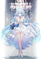 Rule 34 | 1girl, ahoge, alternate costume, blue brooch, blue eyes, blue hair, blue nails, blurry, blurry background, blush, chandelier, closed mouth, detached sleeves, dress, fingernails, flower, full body, furina (genshin impact), genshin impact, hair between eyes, hair flower, hair ornament, heterochromia, highres, indoors, legs, light blue hair, light particles, long hair, long sleeves, looking at viewer, multicolored hair, nail polish, shadow, sidelocks, smile, solo, standing, streaked hair, taya oco, two-tone hair, white dress