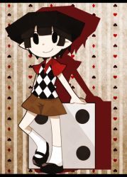 Rule 34 | 1boy, artist request, black footwear, black hair, dice, gregory horror show, heart, pointy ears, shade, shoes, shorts, spinner, vest, weapon