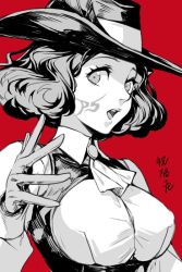 Rule 34 | 10s, 1girl, ascot, atlus, breasts, collared shirt, commentary request, curly hair, drinking, facial tattoo, gloves, greyscale, greyscale with colored background, hat, hungry clicker, large breasts, long sleeves, looking at viewer, monochrome, okumura haru, open mouth, persona, persona 5, red background, sega, shirt, short hair, solo, tattoo, wing collar