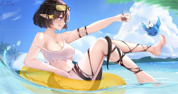 Rule 34 | 1girl, absurdres, arknights, blue eyes, blue sky, breasts, brown hair, cleavage, cloud, cloudy sky, cyan (2723219252), day, drink, eunectes (arknights), eunectes (forgemaster) (arknights), flower, goggles, goggles on head, hair flower, hair ornament, high priest (arknights), highres, holding, holding drink, innertube, large breasts, open mouth, outdoors, palm tree, pointy ears, short hair, sideways mouth, sky, snake tail, solo, strap slip, swim ring, swimsuit, tail, thighs, tree, water, yellow flower