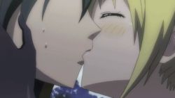 Rule 34 | 10s, 1boy, 1girl, animated, animated gif, blonde hair, blush, bouncing breasts, breasts, licking finger, hetero, kiss, large breasts, licking, lieselotte sherlock, lowres, midriff, orgasm, saliva, saliva trail, tagme, tongue, tongue out, trinity seven