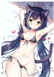 Rule 34 | 1girl, absurdres, animal ear fluff, animal ears, armpits, arms up, bare arms, bare shoulders, bed sheet, bikini, black bikini, black hair, breasts, cameltoe, cat ears, cat girl, cat tail, collarbone, front-tie bikini top, front-tie top, green eyes, groin, halterneck, highres, karyl (princess connect!), long hair, looking at viewer, low twintails, lying, mauve, medium breasts, multicolored hair, navel, on back, petals, princess connect!, scan, side-tie bikini bottom, solo, stomach, streaked hair, swimsuit, tail, thigh gap, thighs, twintails, untied bikini, very long hair, white hair