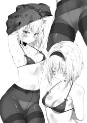 Rule 34 | 10s, 1girl, armpits, arms up, bikini, bikini top only, blush, breasts, closed eyes, closed mouth, collar, collarbone, commentary, cowboy shot, crotch seam, greyscale, hair ornament, hairband, k pring, looking at viewer, micro bikini, micro bikini top, monochrome, multiple views, panties, panties under pantyhose, pantyhose, ryuuou no oshigoto!, shiny skin, short hair, simple background, small breasts, snowflake hair ornament, sora ginko, sweat, swimsuit, thighband pantyhose, tsurime, underwear, undressing