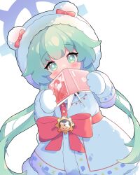 Rule 34 | 1girl, animal hood, bear hood, blue archive, blue halo, book, book to mouth, bow, fur-trimmed hood, fur trim, green eyes, green hair, halo, highres, holding, holding book, hood, hood up, long hair, momiji (blue archive), red bow, shirousagi (user erwx7425), simple background, very long hair, white background, winter clothes