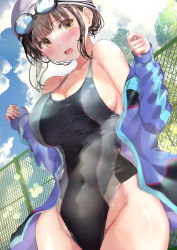 Rule 34 | 1girl, absurdres, black one-piece swimsuit, blue jacket, blue sky, blunt bangs, breasts, brown hair, cleavage, cloud, commentary request, competition swimsuit, covered navel, day, goggles, goggles on head, highres, jacket, large breasts, long sleeves, looking at viewer, mole, mole under eye, ogata tei, one-piece swimsuit, open clothes, open jacket, open mouth, original, outdoors, short hair, sky, solo, swimsuit, thighs, white headwear, yellow eyes