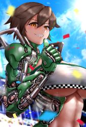 Rule 34 | 1girl, absurdres, blush, breasts, brown eyes, brown hair, cleavage, confetti, day, fang, grin, highres, large breasts, lips, looking at viewer, mecha musume, original, outdoors, parted lips, pointing, pointing at self, race queen, shiny skin, short hair, smile, solo, takefu jiin, teeth, underboob