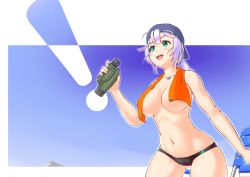 Rule 34 | 1girl, absurdres, black male swimwear, black swim briefs, blue sky, blush, breasts, camera, cowboy shot, day, female focus, green eyes, happy, highres, hokkyoku, large breasts, male swimwear, male swimwear challenge, open mouth, original, outdoors, purple hair, sky, solo, standing, swim briefs, swimsuit, topless, towel, towel around neck