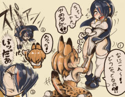 Rule 34 | 10s, animal ears, black hair, comic, emperor penguin (kemono friends), hair over one eye, headphones, kemono friends, leotard, leotard under clothes, mcgunngu, serval (kemono friends), serval print, serval tail, tail, tail wagging, tearing up, tears, translation request