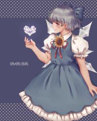 Rule 34 | 1girl, absurdres, blue dress, blue eyes, blue hair, bow, cirno, commentary, dress, fingernails, flower, hair bow, heart, highres, ice, ice wings, large bow, lips, orz (kagewaka), puffy short sleeves, puffy sleeves, short hair, short sleeves, solo, sunflower, tanned cirno, touhou, wings