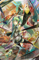 Rule 34 | 1girl, abstract, absurdres, armpits, bad id, bad pixiv id, bare shoulders, blue eyes, cable, detached sleeves, digital media player, facepaint, foreshortening, green hair, hatsune miku, highres, ipod, long hair, middle finger, nababa, necktie, solo, thighhighs, twintails, vocaloid