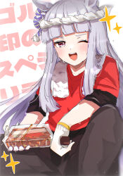 Rule 34 | 1girl, :d, absurdres, animal ears, black pants, blush, commentary request, food, gloves, gold ship (umamusume), grey hair, highres, holding, holding food, holding spatula, horse ears, horse girl, long hair, looking at viewer, mare ma, official alternate costume, one eye closed, open mouth, pants, purple eyes, red shirt, rope, shimenawa, shirt, short sleeves, simple background, smile, solo, sparkle, spatula, squatting, teeth, towel, towel around neck, translation request, umamusume, upper teeth only, white background, white gloves, yakisoba