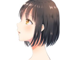 Rule 34 | 1girl, black hair, commentary request, cropped shoulders, eyelashes, from side, idolmaster, idolmaster cinderella girls, light blush, looking ahead, parted lips, short hair, simple background, solo, takafuji kako, white background, witoi (roa), yellow eyes