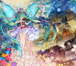 Rule 34 | 1girl, anklet, barefoot, bird, butterfly wings, castle, dress, flower, full body, green eyes, green hair, hatsune miku, insect wings, instrument, jewelry, long hair, matching hair/eyes, music, plant, playing instrument, repi, rose, solo, twintails, very long hair, vines, violin, vocaloid, wings