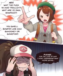 Rule 34 | 1girl, 2girls, anger vein, angry, baseball cap, black vest, brown eyes, brown hair, clenched teeth, comic, creatures (company), crying, crying with eyes open, english text, frustrated, furrowed brow, game freak, gloria (pokemon), green hat, hands on own head, hat, high ponytail, hilda (pokemon), long hair, multiple girls, nintendo, numbers (pigpenandpaper), open mouth, pointing, pokemon, pokemon bw, pokemon swsh, profanity, shaded face, shirt, short hair, sidelocks, sleeveless, sleeveless shirt, streaming tears, tam o&#039; shanter, tears, teeth, vest, wristband