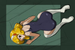 Rule 34 | 10s, 1girl, all fours, ass, blonde hair, from above, hairband, kise yayoi, looking at viewer, looking back, one-piece swimsuit, precure, rohitsuka, short hair, sketch, smile precure!, solo, swimsuit, thighhighs, white hairband, white thighhighs, yellow eyes