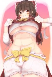 Rule 34 | 1girl, abs, akabeco, ascot, bad id, bad nicoseiga id, bandages, bloomers, blush, bow, breasts, brown hair, budget sarashi, chest sarashi, closed mouth, clothes lift, commentary request, cookie (touhou), cowboy shot, hair between eyes, hair bow, hair tubes, hakurei reimu, highres, kanna (cookie), large breasts, lifting own clothes, long hair, looking at viewer, navel, no pants, red bow, red eyes, sarashi, smile, solo, touhou, underboob, underwear, yellow bow