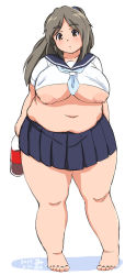 Rule 34 | 10s, 1girl, 2017, belly, bottle, breasts, breasts out, brown eyes, brown hair, coke bottle, drink, fat, full body, large breasts, long hair, looking at viewer, mikomu, navel, nipples, original, plump, school uniform, simple background, soda bottle, solo, standing, thick thighs, thighs, white background