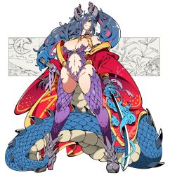 Rule 34 | 1girl, armor, blue hair, breasts, closed mouth, clothing cutout, commentary request, commission, demon horns, dragon girl, dragon horns, dragon tail, fantasy, full body, hair over eyes, horns, kafun, kaida umi (dragoaman), large breasts, long hair, looking at viewer, monster girl, moon, multicolored hair, navel, original, purple hair, scale armor, skeb commission, skull, solo, spikes, stomach cutout, sword, tail, two-tone hair, weapon, white background