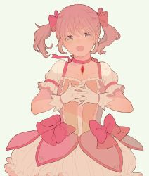 Rule 34 | 10s, 1girl, bad id, bad pixiv id, bow, choker, dress, gloves, hair bow, kaname madoka, looking at viewer, magical girl, mahou shoujo madoka magica, mahou shoujo madoka magica (anime), matatatatabi, open mouth, own hands clasped, own hands together, pink hair, skirt, smile, solo, twintails