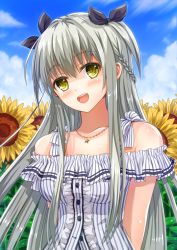 Rule 34 | 1girl, bad id, bad pixiv id, black ribbon, blush, breasts, collarbone, flower, hair ribbon, highres, hoshimaemi, jewelry, large breasts, long hair, looking at viewer, necklace, open mouth, original, ribbon, silver hair, smile, solo, star (symbol), star necklace, sunflower, yellow eyes