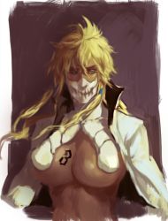 Rule 34 | 1girl, bleach, blonde hair, breasts, dark-skinned female, dark skin, female focus, green eyes, hair between eyes, hair ornament, huge breasts, jacket, long hair, long sleeves, looking at viewer, mask, messy hair, mr.zombie, open clothes, open jacket, revealing clothes, shirt, solo, tattoo, tier harribel, upper body, white jacket, white shirt