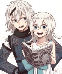 Rule 34 | 1boy, 1girl, blue eyes, brother and sister, dress, grimoire weiss, highres, long hair, nier, nier (series), nier (young), open mouth, siblings, simple background, smile, tamakingx422x, white background, white dress, white hair, yonah