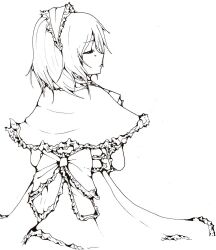 Rule 34 | 1girl, alice margatroid, alluno, closed eyes, closed mouth, dress, frills, greyscale, highres, looking to the side, medium hair, monochrome, ribbon-trimmed dress, solo, too many, too many frills, touhou, white background