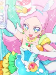 Rule 34 | 10s, 1girl, arm up, blue hairband, blue skirt, collarbone, cure parfait, earrings, food-themed hair ornament, from above, gloves, green eyes, hair ornament, hairband, holding, holding wand, jewelry, kirahoshi ciel, kirakira precure a la mode, long hair, magical girl, necklace, pink hair, precure, skirt, smile, solo, sparkle, tj-type1, wand, white gloves