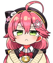 Rule 34 | 1girl, 35p (sakura miko), ahoge, bell, black hat, chibi, commentary request, flower, frown, green eyes, hair between eyes, hair ornament, hairclip, hat, hat flower, hololive, jingle bell, kanikama, long hair, looking at viewer, low twintails, pink hair, sakura miko, sakura miko (casual), simple background, solo, twintails, upper body, virtual youtuber, white background