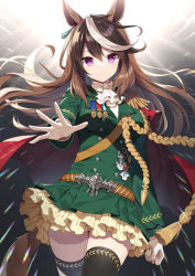 Rule 34 | 1girl, animal ears, black thighhighs, breasts, brown hair, closed mouth, commentary request, gloves, green jacket, green skirt, hair between eyes, horse ears, horse girl, horse tail, jacket, long hair, long sleeves, looking at viewer, mauve, medium breasts, multicolored hair, pleated skirt, purple eyes, shirt, skirt, smile, solo, streaked hair, symboli rudolf (umamusume), tail, thighhighs, two-tone hair, umamusume, very long hair, white gloves, white hair, white shirt