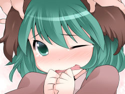 Rule 34 | 1girl, animal ears, blush, commentary request, grabbing another&#039;s ear, face, green eyes, green hair, hammer (sunset beach), hand on another&#039;s ear, headpat, kasodani kyouko, one eye closed, open mouth, short hair, solo focus, tears, touhou, wince, wink
