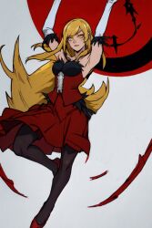 Rule 34 | 1girl, armpits, arms up, bare shoulders, black pantyhose, blonde hair, blush, breasts, commentary, dress, elbow gloves, english commentary, feather trim, frills, full body, gloves, grey background, highres, kiss-shot acerola-orion heart-under-blade, kizumonogatari, large breasts, legs, long hair, looking at viewer, monogatari (series), oroiiii, oshino shinobu, pantyhose, parted lips, red dress, solo, strapless, strapless dress, swept bangs, very long hair, white gloves, yellow eyes