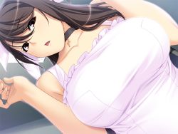 Rule 34 | 1girl, apron, breasts, brown hair, cross, game cg, ino (magloid), large breasts, long hair, looking at viewer, open mouth, red eyes, solo, spot light