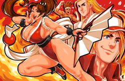 Rule 34 | 1girl, 3boys, ;), andy bogard, bare legs, baseball cap, blonde hair, blue eyes, breasts, brown eyes, brown hair, cleavage, fatal fury, fire, hand fan, hat, japanese clothes, jmanvelez, joe higashi, kimono, large breasts, lipstick, makeup, multiple boys, ninja, one eye closed, ponytail, sash, shiranui mai, sideboob, signature, smile, tabi, terry bogard, the king of fighters, thick thighs, thighs