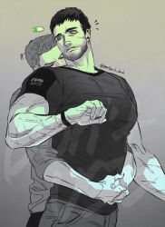 Rule 34 | 2boys, bara, blush, chris redfield, closed eyes, couple, facial hair, gge (gebback dark), hug, hug from behind, large pectorals, looking at another, male focus, multiple boys, muscular, muscular male, pants, pectorals, piers nivans, resident evil, resident evil 6, shirt, short hair, simple background, twitter username, yaoi