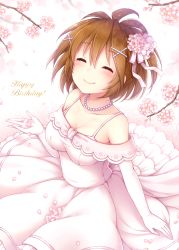 Rule 34 | 1girl, akesaka serina, blush, branch, breasts, brown hair, cherry blossoms, chunithm, cleavage, closed mouth, collarbone, commentary request, dress, english text, flower, hair between eyes, hair flower, hair ornament, happy birthday, highres, jewelry, medium breasts, necklace, pearl necklace, petals, pink dress, sanotsuki, smile, solo, x hair ornament
