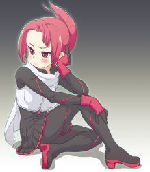 Rule 34 | 1girl, blush, breasts, commentary request, folded ponytail, furrowed brow, gradient background, hand on own leg, high heels, kemurikusa, looking to the side, medium breasts, pleated skirt, red eyes, red hair, rin (kemurikusa), silhouette, sitting, sjw kazuya, skirt, solo
