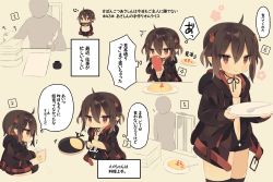 Rule 34 | 1girl, ^^^, bikini, black bikini, black jacket, black thighhighs, book, brown background, brown hair, chair, chibi, closed mouth, commentary request, food, frying pan, hair between eyes, hair ornament, highres, holding, holding book, holding frying pan, holding plate, hood, hood down, hooded jacket, inkwell, jacket, ketchup, ketchup bottle, long sleeves, mimo lm, multiple views, omelet, omurice, open book, open clothes, open jacket, original, plate, quill, rabbit hair ornament, red eyes, sitting, sleeves past wrists, smile, spoon, standing, swimsuit, thighhighs, translation request