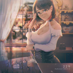 Rule 34 | 1girl, adjusting eyewear, bare shoulders, breasts, brown eyes, brown hair, cleavage, closed mouth, clothing cutout, collar, commentary request, corset, curtains, display case, eyeglass, glass, glasses, halterneck, highres, indoors, large breasts, long sleeves, looking at viewer, original, semi-rimless eyewear, shelf, shirt, shop, short hair, shoulder cutout, smile, solo, standing, swept bangs, white shirt, window, wudi sao nian