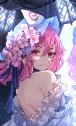 Rule 34 | 1girl, back, bare back, blue dress, blue hat, chiroru (cheese-roll), dress, flower, frilled dress, frills, hat, hat flower, highres, lips, looking at viewer, looking back, mob cap, off shoulder, pink eyes, pink flower, pink hair, saigyouji yuyuko, shoulder blades, smile, solo, touhou