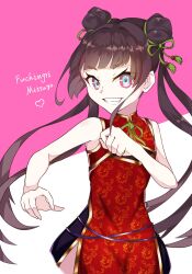 Rule 34 | 1girl, alternate hairstyle, bare shoulders, black hair, blunt bangs, china dress, chinese clothes, clenched hand, clenched teeth, commentary request, double bun, dress, facing viewer, fighting stance, fu u zuki, fuuchingiri mitsuyo, hair bun, highres, long hair, multicolored eyes, red dress, sleeveless, standing, teeth, tenka hyakken