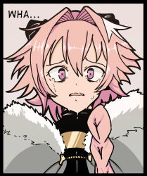 Rule 34 | 1boy, astolfo (fate), eyebrows, fate/grand order, fate (series), highres, long hair, mark gavatino, matching hair/eyes, open mouth, pink eyes, pink hair, text focus, trap