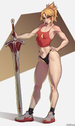 Rule 34 | 1girl, abs, absurdres, buruma, clarent (fate), commentary, covered erect nipples, fate/apocrypha, fate (series), green eyes, highres, mordred (fate), mordred (fate/apocrypha), muscular, muscular female, ponytail, shoes, sneakers, solo, stopu, sword, tank top, thighs, weapon