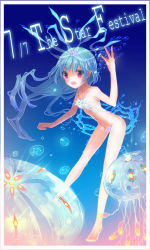 Rule 34 | 1girl, bad id, bad pixiv id, barefoot, blue hair, bubble, censored, convenient censoring, flat chest, highres, jellyfish, long hair, navel, nude, open mouth, original, pink eyes, solo, tanabata, underwater, yadapot